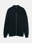 A black cashmere bomber jacket with a zipper front and side pockets. #color_black