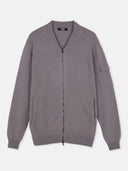 A gray cashmere bomber jacket with zipper closure and side pockets. #color_stucco