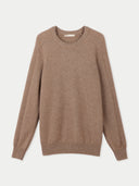 A taupe-colored, organic color cashmere regular fit sweater with a classic c-neck design.