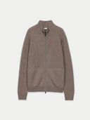 A high-neck full-zip cashmere cardigan in a taupe color, displayed against a plain background. #color_taupe