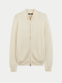 A beige full-zip cashmere cardigan with a hood, displayed on a white background. #color_marshmallow