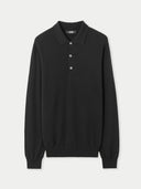 A black cashmere polo jumper with a collar, button-up neck, and long sleeves.