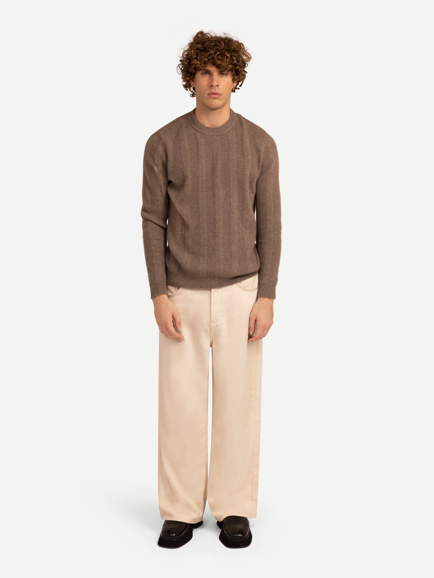 Men's Organic Cashmere Vertical-Striped Sweater Taupe - Gobi Cashmere