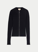 Black zip-up cardigan on a light gray background