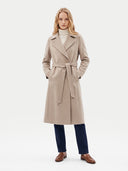 Model wearing the Cashmere Wrap Coat with Belt in Taupe, front view