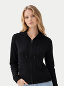 Woman Zipper Hoodie with Smiley Pocket Black - Gobi Cashmere #color_black