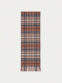 Flat lay of the coconut brown cashmere checked jacquard scarf with fringed ends.