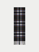 The black cashmere checked jacquard scarf laid flat, showing the check pattern and fringed ends.