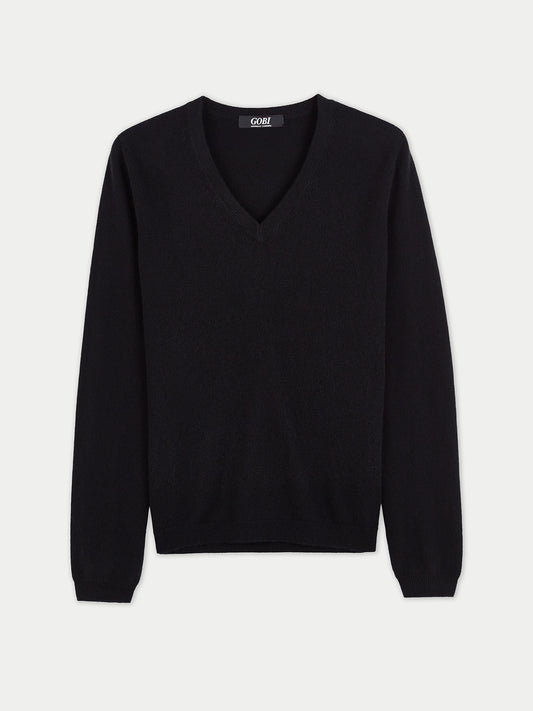 Women's Cashmere V-Neck Sweater Black - Gobi Cashmere