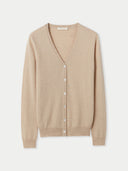 A beige v-neck cashmere cardigan with front button closure.