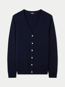 A navy blue v-neck cashmere cardigan with front button closures. #color_navy
