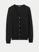 A black v-neck cashmere cardigan with button closures on the front.
