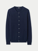 A navy blue cashmere crew neck cardigan with front button closure. #color_navy