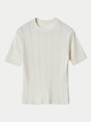 A white cashmere silk top with a crew neckline and short sleeves, displayed against a plain background. #color_snow-white