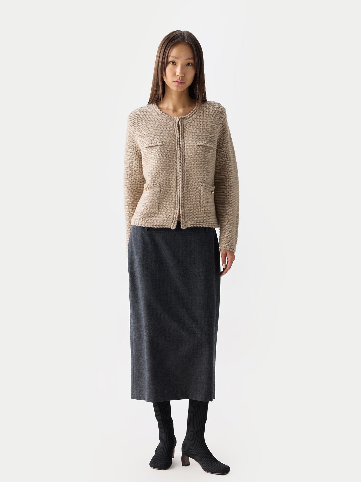 Organic Colour Textured Knit Cashmere Jacket-Style Cardigan