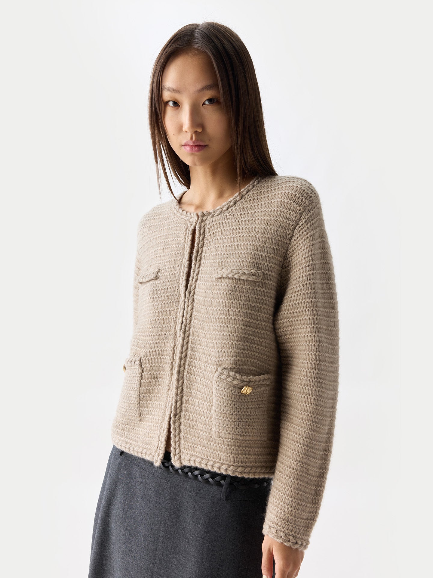 Organic Colour Textured Knit Cashmere Jacket-Style Cardigan