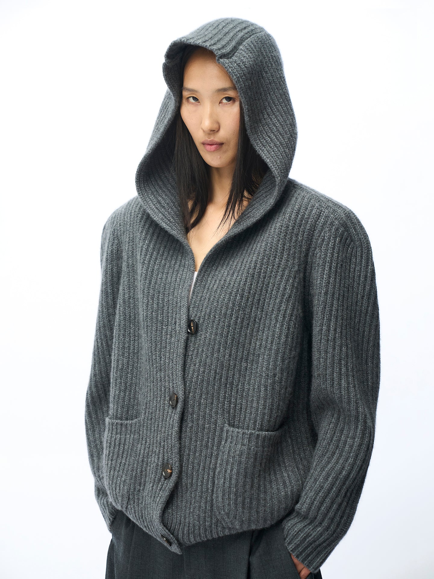 Wide-Shoulder Hooded Cashmere Cardigan