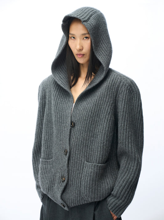 Wide-Shoulder Hooded Cashmere Cardigan