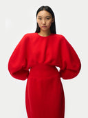 Person wearing a red outfit with puffed sleeves on a white background