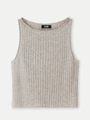 A beige cashmere crop top with a ribbed pattern and a sleeveless design. #color_dawn-blue