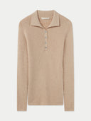 A beige, organic color lightweight polo sweater with ribbed knit and a V-shaped neckline. #color_beige