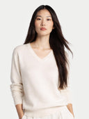 Woman wearing a light beige sweater against a white background