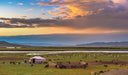 A ger and goat pens on the Mongolian steppe at sunset