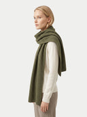 Woman wearing a green scarf on a white background. #color_olive-green #ai-image