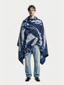 Man wearing a blue and white patterned scarf on a white background. #color_white #ai-image