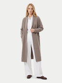 The Cashmere Shawl-Collar Long Cardigan in Taupe, shown worn.