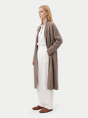 The Cashmere Shawl-Collar Long Cardigan in Taupe, shown worn.