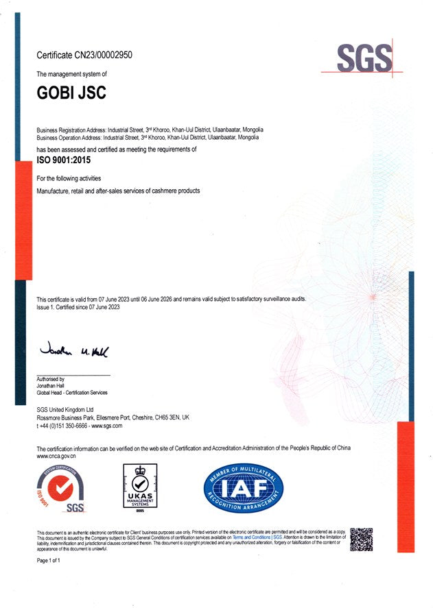 ISO 9001:2015 quality management certificate issued to GOBI