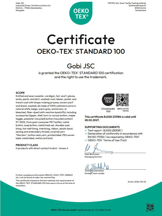 OEKO-TEX® STANDARD 100 certificate for GOBI finished garments