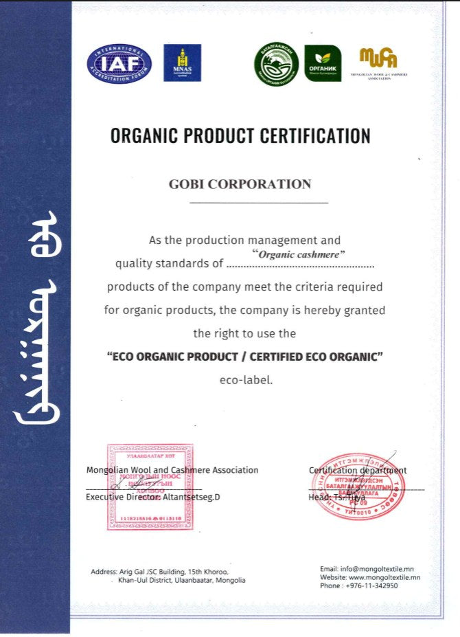Organic certificate for GOBI's natural-colour cashmere collection