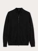 A black full-zip cashmere cardigan presented against a plain background. #color_black