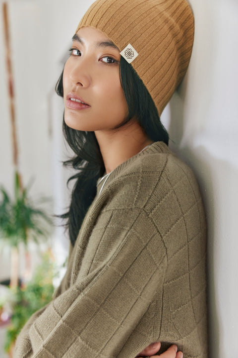 Cashmere Rib Knit Hat, editorial photo