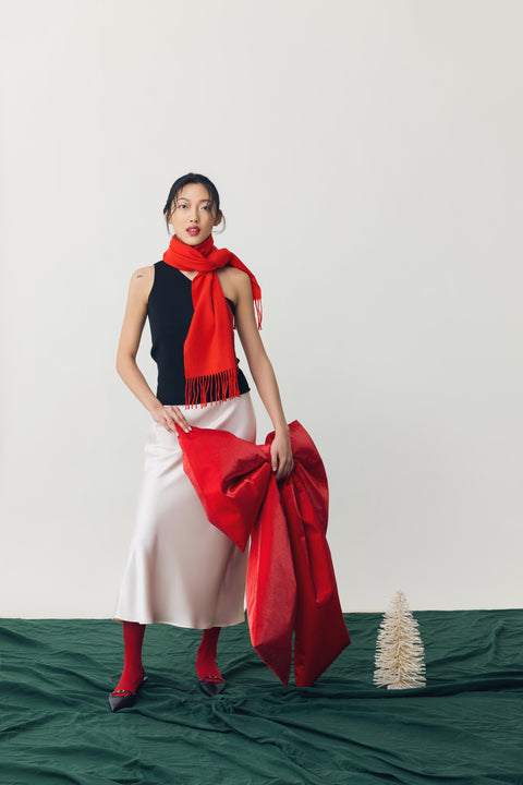 Cashmere Fringed Scarf in Muted Blue, editorial photo