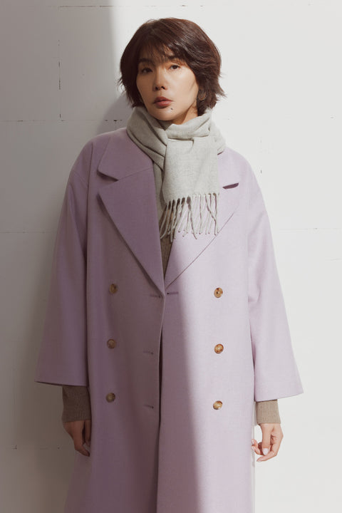 Cashmere Fringed Scarf in Muted Blue, editorial photo