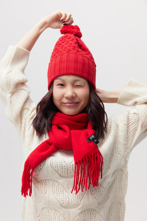 Cashmere Fringed Scarf in Muted Blue, editorial photo
