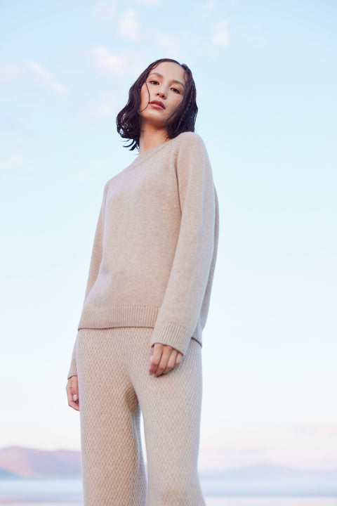 Women's Wide-Leg Ajour Knit Cashmere Trousers, editorial photo