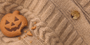 Pumpkin-shaped biscuit with a bite taken out, on a beige cable-knit GOBI cashmere cardigan
