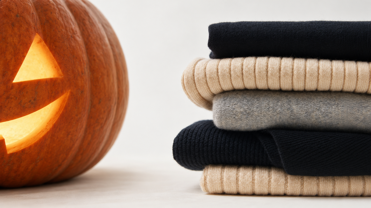 Glowing carved pumpkin beside a stack of folded navy, beige and grey cashmere jumpers