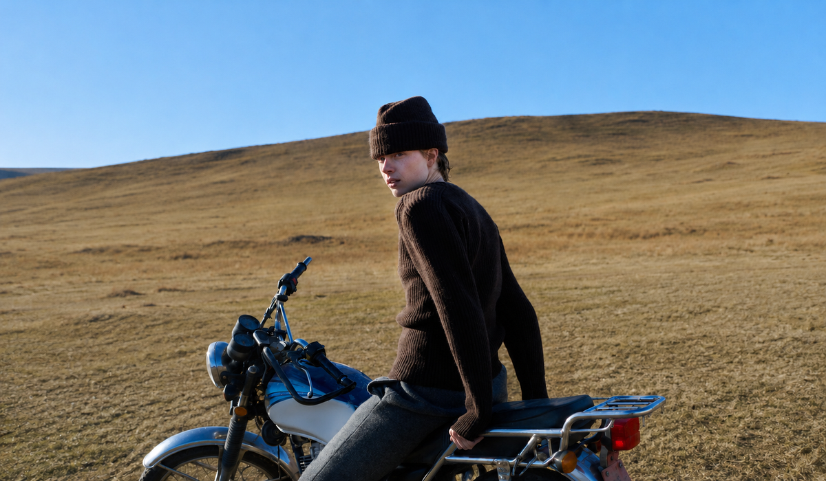 Model in a brown knit beanie and ribbed cashmere jumper sitting on a motorcycle on a golden grassy hillside under a clear blue sky