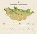 Infographic map of Mongolia showing the natural distribution of cashmere goat colours: 55% beige, 28% brown, 15% white and 2% blue grey
