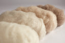 Four balls of undyed cashmere fibre, white to taupe, side by side