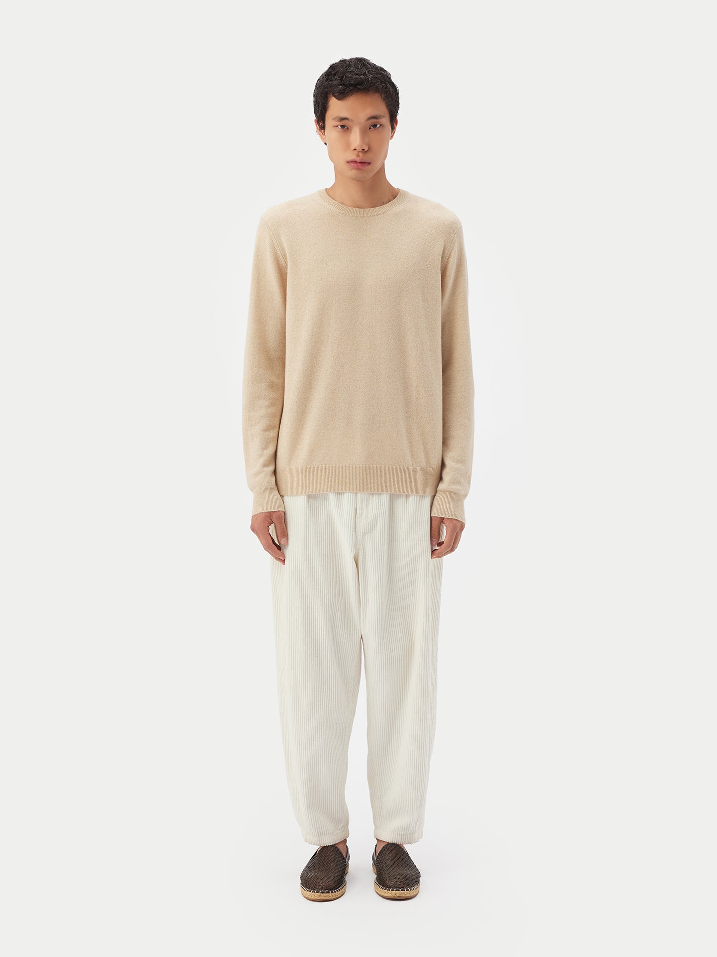 Men's Cashmere Basic Round Neck Sweater Beige - Gobi Cashmere