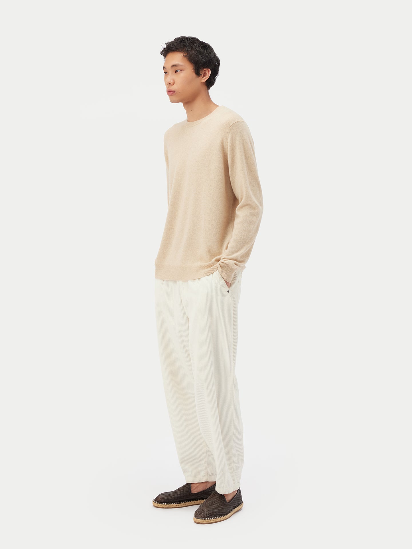 Men's Cashmere Basic Round Neck Sweater Beige - Gobi Cashmere