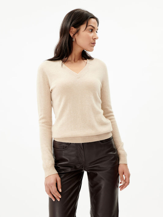 Women's Cashmere V-Neck Sweater Beige - Gobi Cashmere