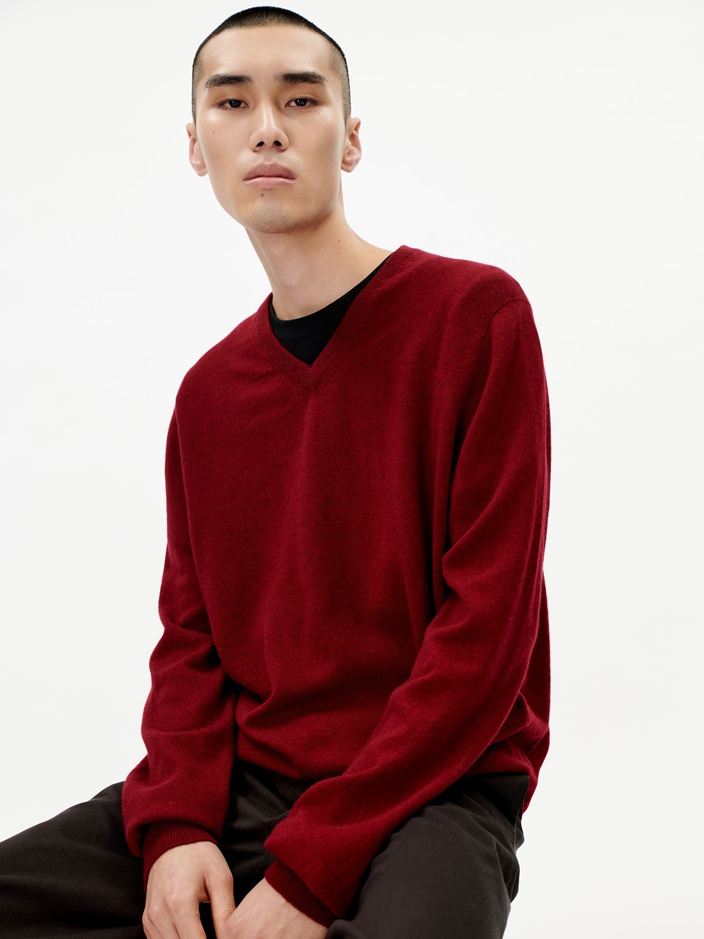 Men's Cashmere Basic V-Neck Sweater Bordeaux - Gobi Cashmere