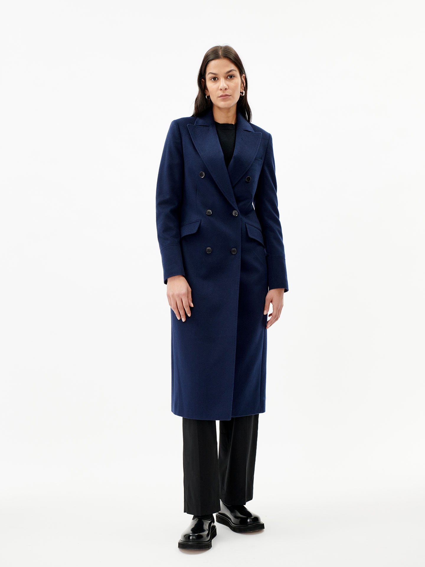 Women's Cashmere Peak Lapel Long Coat Navy - Gobi Cashmere 